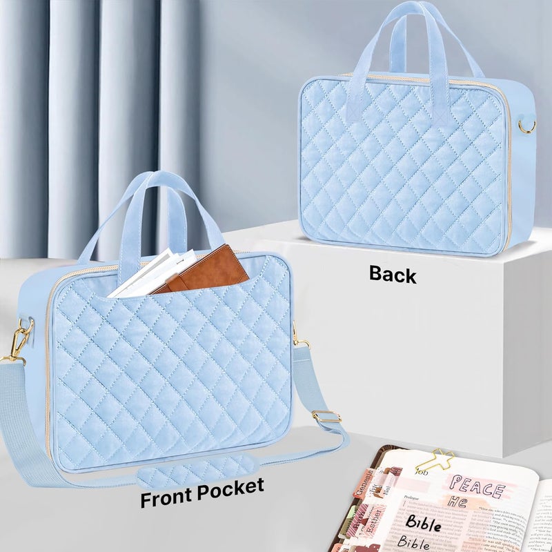 PUGPIU Bible Cover Case for Women, Large Quilted Bible Bag with Shoulder Strap and Handle, Bible Study Supplies Journaling Kit with Highlighters Pens No Bleed Tabs Notebook Cross Clips (Light Blue) - Image 3